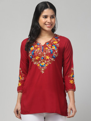 STYLE PREZONE Women Embroidered A-line Kurta(Maroon)