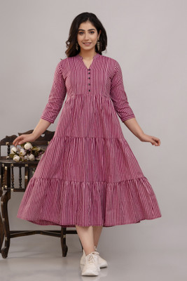 KIMATERNITY Women Geometric Print Flared Kurta(Maroon)