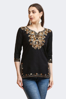 SAQAFY Women Embroidered Straight Kurta(Gold)