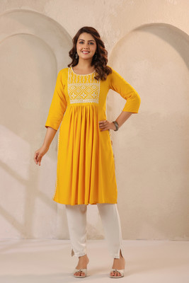 Neemiya Women Embroidered, Solid Straight Kurta(Yellow)