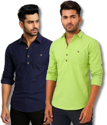 RAREMARK Men Solid Straight Kurta(Dark Blue, Light Green)