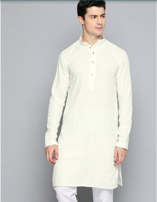 Bruttlyn Men Self Design A-line Kurta(White)