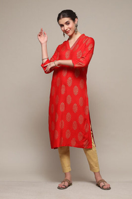 BIBA Women Printed Straight Kurta(Red, Beige)