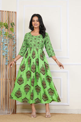 Priyshi Designing Women Printed Flared Kurta(Green)