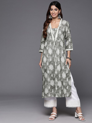 Varanga Women Printed Straight Kurta(Grey)