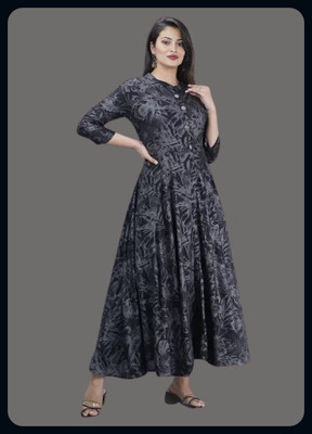 The Anvitextile Women Printed Anarkali Kurta(Black)