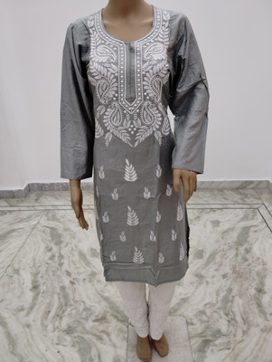 Handworkchikan Women Embroidered A-line Kurta(Grey)