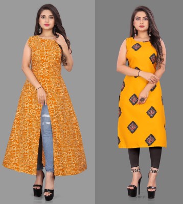 maruti fab Women Printed Straight Kurta(Yellow)