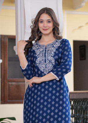 PHYSIL Women Embroidered Straight Kurta(Blue)