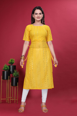 ParrotCreation Women Embroidered A-line Kurta(Yellow)