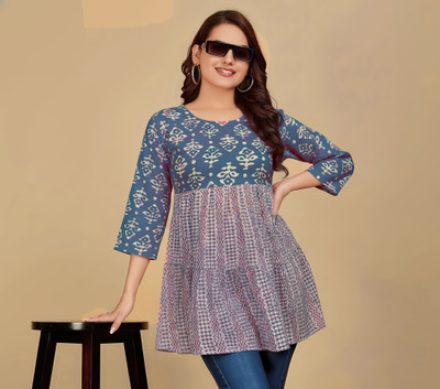 anushansa Women Printed, Geometric Print Flared Kurta(Blue)