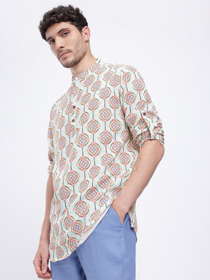 Anouk Rustic Men Geometric Print Straight Kurta(Green)