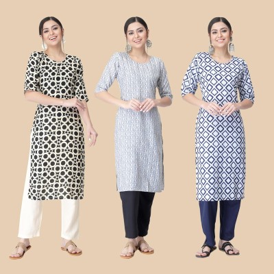 1 Stop Fashion Women Printed Straight Kurta(White, Black, Dark Blue)