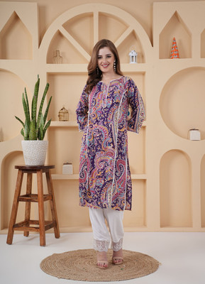 QUEENSFAB Women Printed Pakistani Kurta(Purple)