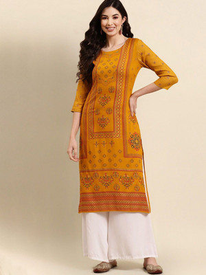 ANOUK Women Printed Straight Kurta(Yellow)