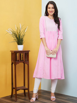 Globus Women Embroidered A-line Kurta(Pink)