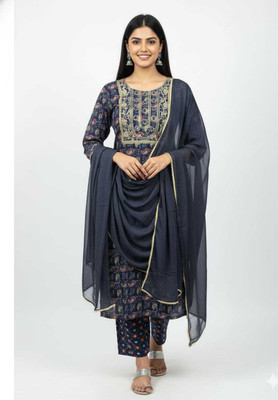 Poshpinz Women Printed, Embroidered Anarkali Kurta(Blue)