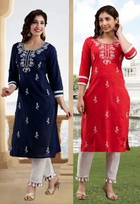 SISTO Women Chikan Embroidery A-line Kurta(Multicolor)