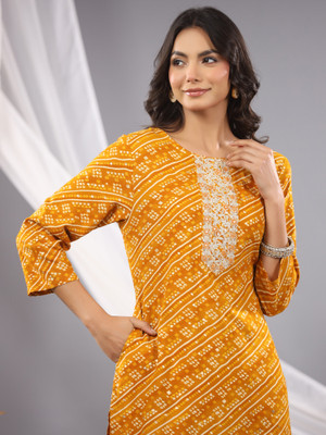 Indo Era Women Embroidered, Printed Straight Kurta(Yellow)