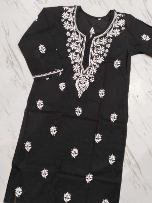 Lucknow Chikan Art Women Chikan Embroidery A-line Kurta(Black)
