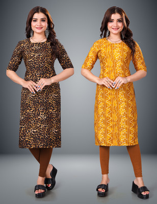 MOBHISA Women Printed Straight Kurta(Yellow)