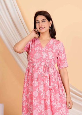 Kwast Women Floral Print Flared Kurta(Pink)