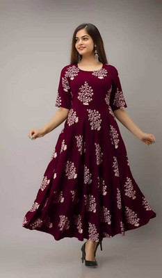 Gulabikurti Women Printed Flared Kurta(Brown)