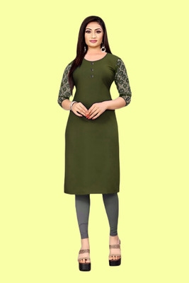 HOFC Women Solid Straight Kurta(Green)