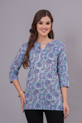 3WISVERS Women Printed Straight Kurta(Light Blue)
