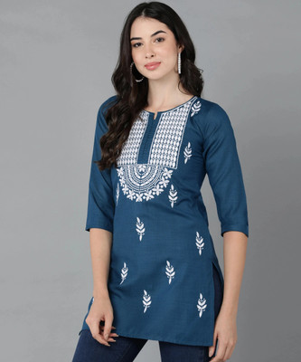 TOP N THREAD Women Chikan Embroidery, Embroidered, Self Design Straight Kurta(Blue)