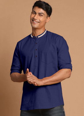 SPOQUE Men Solid Straight Kurta(Dark Blue)