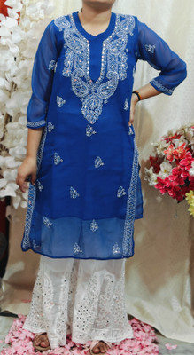 ChikankariArts Women Chikan Embroidery A-line Kurta(Blue)