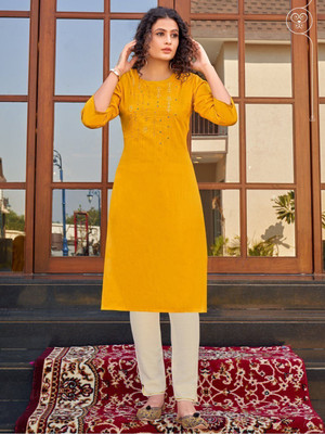 RR SA KURTIS Women Embroidered Straight Kurta(Yellow)