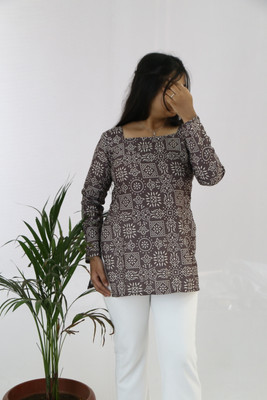 aanzri Women Block Print, Printed A-line Kurta(Brown, White)