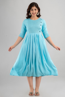 HouseOfCommon Women Solid Flared Kurta(Light Blue)