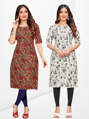 Nitya Trends Women Printed Straight Kurta(Brown, White)