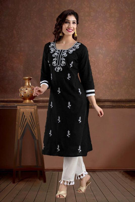 HouseOfCommon Women Chikan Embroidery Straight Kurta(Black)