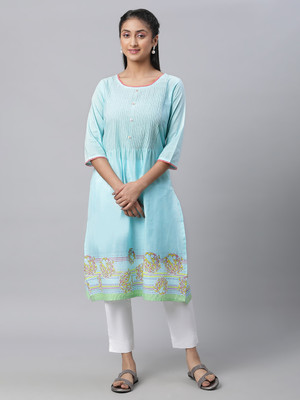 Aurelia Women Printed Straight Kurta(Light Blue)