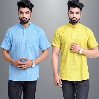 QuaClo Men Solid Straight Kurta(Yellow, Light Blue)