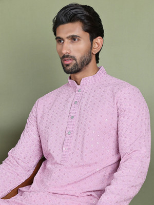 Jompers Men Embroidered Straight Kurta(Purple)