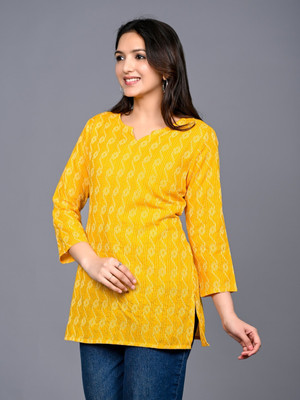 ADICOLLECTIONS Women Printed A-line Kurta(Yellow)