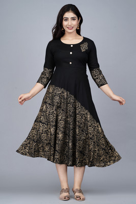 CHOISE GABBAA Women Block Print Anarkali Kurta(Black)
