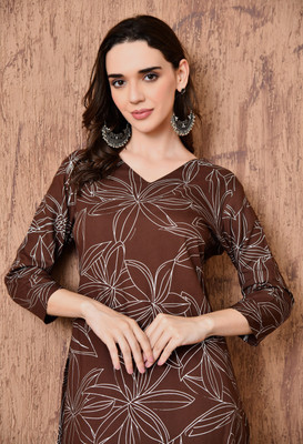 BKApparels Women Printed Straight Kurta(Brown)