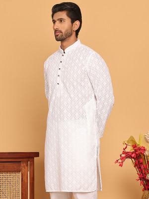 Jompers Men Embroidered Straight Kurta(White)