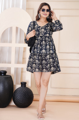 Sanganer Export Women Printed A-line Kurta(Black)