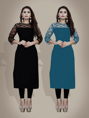 Maheshvi Women Solid, Self Design Straight Kurta(Blue)