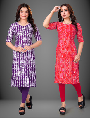 MOBHISA Women Printed Straight Kurta(Pink)