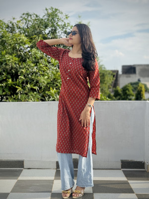 Kurtiking Women Printed Straight Kurta(Maroon)