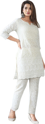 root soul Women Chikan Embroidery Ethnic Dress Kurta(White)