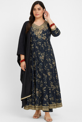 Digihaat Women Floral Print, Embroidered, Printed Anarkali Kurta(Dark Blue, Multicolor)